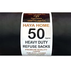 best-bin-liners Haya Home 50 Black Plastic Bin Bags Heavy Duty Bin Liners, Refuse Sacks Pack of 50 X 1 Heavy Duty Waste Dustbin Bags roll 100L for Kitchen Home Office DIY Garden Made from 100% Recycled Material