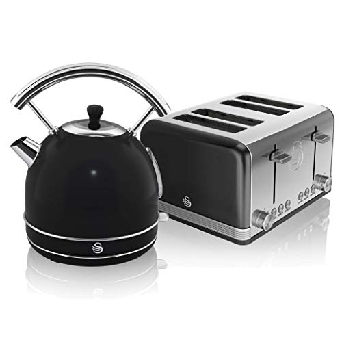black-kettle-and-toaster-sets Swan, Retro Kitchen Kettle and Toaster Set, 1.8L D
