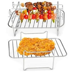 the-best-air-fryer-accessories 2PCS Air Fryer Rack, Air Fryer Double Layer Rack, Multi-purpose Air Fryer Accessories, Stainless Steel Grilling Rack with 4 Skewers, Dual Air Fryer Rack for Barbecue, Roasting Oven, Air Fryer (A)
