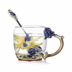 the-best-mug-gift-sets evecase Enamels Butterfly Flower Lead-Free Glass Coffee Mugs Tea Cup with Steel Spoon Set, Personalised Gifts for Women Wife Mum Teacher Friends Christmas Birthday Mothers Valentines Day (Blue)