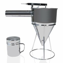 the-best-pancake-dispensers Honulei Batter Funnel with Stand - 1.2 L Large Premium Stainless Steel Dispenser Tool with Handle and Stopper for Baking for Pancakes, Waffles, Crepes and Cupcakes - Complete with Powder Shaker