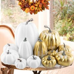the-best-pumpkin-decorations Benjia Pumpkin Autumn Decorations, Decorative Large Small Outdoor White and Gold Foam Plastic Fake Faux Artificial Pumpkins for Halloween Fall Harvest Festival Home Table Decor 12pcs