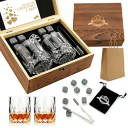 the-best-whiskey-gift-sets EXREIZST Whiskey Stones, Whiskey Glass Gift Set, Whisky Rocks Chilling Stones in Handmade Wooden Box– Cool Without Dilution – Whisky Glasses Set of 2, Gift for Dad, Husband, Men