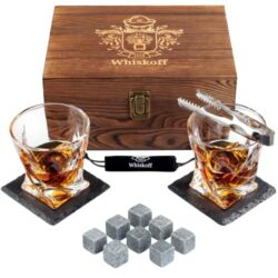 the-best-whiskey-gift-sets Whiskey Glass Set of 2 - Bourbon Whiskey Stones Gift Set For Men - Includes Crystal Whisky Rocks Glasses, Chilling Stones, Slate Coasters - Scotch Glasses in Wooden Box - Wisky Burbon Retirement Gifts