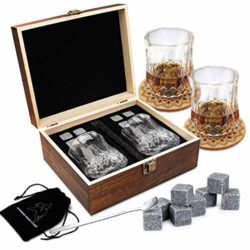 the-best-whiskey-gift-sets Whisky Glass Gift Set, 8 Granite Wine Stones,2 Whisky Glasses with Stainless Steel Spoon,2 Coasters & Storage Pouch in Premium Wooden Box, Reusable Chilling Stones, Valentine Gift for Men Friend