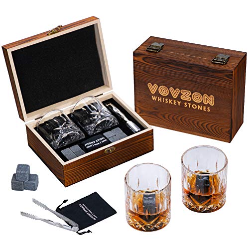 the-best-whiskey-glass-and-stones-gift-sets Whiskey Stones and Glasses Gift Set for Men – 8 Whisky Scotch Bourbon Chilling Stones, 2 Whiskey Glasses in Wooden Box – Father's Day/Christmas/Birthday Gift/Present for Father Dad Boyfriend