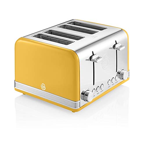 yellow-toasters Swan 1600W 4 Slice Retro Toaster, Yellow, Defrost,