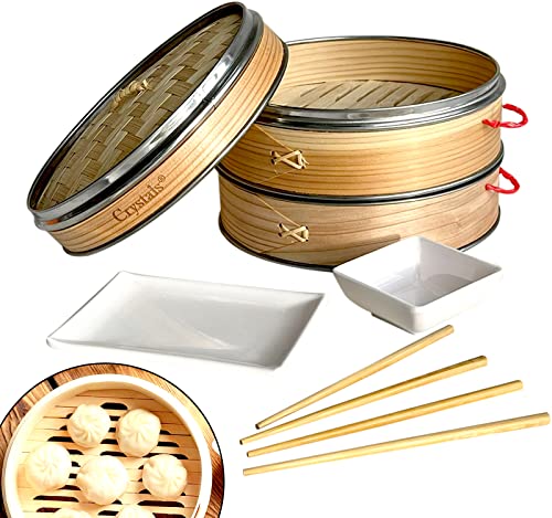 bamboo-steamers 8 Inch Organic Bamboo Steamer Basket Large 2-Tiers