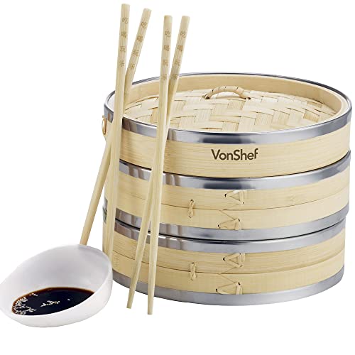 bamboo-steamers VonShef Bamboo Steamer with Stainless Steel Bandin