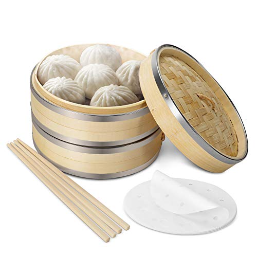 dumpling-steamers Flexzion Bamboo Steamer Basket Set (8 inch) with S