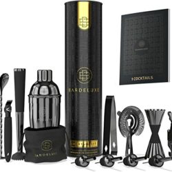 the-best-cocktail-shaker-set BarDeluxe® 12-Piece Cocktail Set, Cocktail Shaker Set, Cocktail Making Set | 750 ml Cocktail Shaker | Bartender Kit | Bar Kit with 12 Bar Tools, Luxury Gift Box, Storage Bag & Recipe Book (Black)