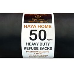 the-best-heavy-duty-bin-bags Haya Home 50 Black Plastic Bin Bags Heavy Duty Bin Liners, Refuse Sacks Pack of 50 X 1 Heavy Duty Waste Dustbin Bags roll 100L for Kitchen Home Office DIY Garden Made from 100% Recycled Material
