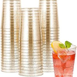 the-best-plastic-cocktail-glasses KAHEIGN 50Pcs Clear Plastic Cups, 300ml Gold Glitter Plastic Tumblers Reusable Drink Cups Elegant Party Wine Glasses for Cocktail Champagne Beer Martini Soda Dessert (9.5 x 7.5cm)