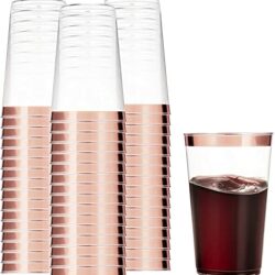 the-best-plastic-cocktail-glasses LATERN 50Pcs Rose Gold Rimmed Plastic Cups, 360ml Plastic Tumblers Reusable Drink Cups Elegant Party Wine Glasses for Champagne Beer Cocktail Martini Soda Dessert (10.5 x 7.5cm)