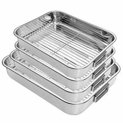 the-best-roasting-trays New 4 Pcs Professional Stainless Steel Roasting Trays with Removable Rack Pan Kitchen Cooking Baking Sturdy Handles Built to Last for Years Oven Roasting Pan with Grill