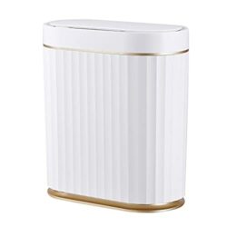 the-best-sensor-bins Bathroom Trash Can with Lid - ELPHECO Waterproof Automatic Trash Can, 2 Gallon Slimline Smart Trash Can, 8 L Narrow Motion Sensor Trash Can for Bedroom, Bathroom, Kitchen, Office, White with Gold Trim