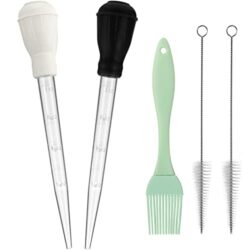 the-best-turkey-basters Nylon Heat-Resistant Turkey Baster Cooking Set Includes Meat Baster, 1 Silicone Basting Brush and 2 Cleaning Brush for BBQ Grill Baking Kitchen Cooking (Black White, 5 Pieces)