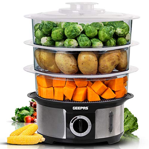 vegetable-steamers Geepas 3-Tier Food Steamer, 12L Capacity | Electri