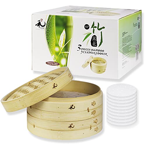 vegetable-steamers YUHO 10 Inch Bamboo Steamer 25.4 cm, 2 Tier Steame