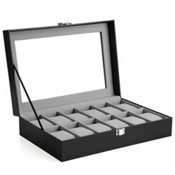 the-best-watch-box-for-men SONGMICS 12-Slot Watch Box, Watch Display Holder Case, with Glass Lid, Removable Watch Pillow, Velvet Lining, Metal Clasp, Black Synthetic Leather, Grey Lining JWB12BK