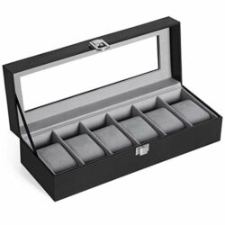 the-best-watch-box-for-men SONGMICS 6-Slot Watch Box, Glass Topped Watch Display Storage Case as Gift, with Velvet Lining, Cushions, and Lock, 30 x 11.2 x 8 cm, Black Synthetic Leather, Grey Lining JWB06BK