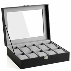 the-best-watch-box-for-men SONGMICS Watch Box with 10 Compartments, Watch Box with Glass Lid, Watch Case with Removable Watch Cushion, Velvet Lining, Metal Clasp, PU, Black, JWB010BK, Grey, 10 x 3 x 8 Inches