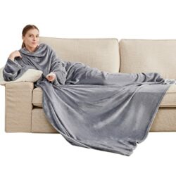 the-best-wearable-blankets Bedsure Wearable Blanket with Sleeves - Soft and Warm Snuggle Slanket, Gift for Her, Birthday Gifts for Women, Grey, 170x200cm