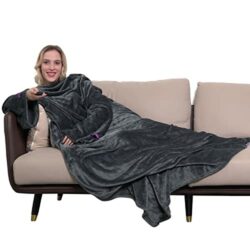 the-best-wearable-blankets Winthome Wearable Blanket with Sleeves. Soft and Warm for Sofa Lovers. Two Sizes, with Elastic Cuffs, Hook and Loop Fastener (Grey, 140x170cm)