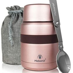 the-best-food-thermos Mebanix Food Flask for Hot Food / Soup 400ml Stainless Steel Double Walled Vacuum Insulated Leakproof Jar with foldable Spoon | 6hrs hot 10hrs cold | For Adults and Kids. Pink