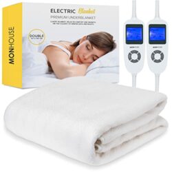 the-best-heated-mattress-toppers MONHOUSE Premium Soft Fleece Electric Blanket - Heated Under Blanket - Double 137x190cm Beige - Fitted Mattress Cover - Detachable & Machine Washable - Dual Controller Multi Zones, 9 Heat Settings