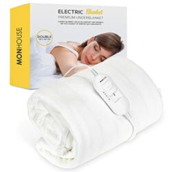 the-best-heated-mattress-toppers MONHOUSE Premium Soft Fleece Electric Blanket - Heated Under Blanket - Heated Mattress Cover - Detachable Controller & Machine Washable - 3 Heat Settings - Double 120x135cm - White