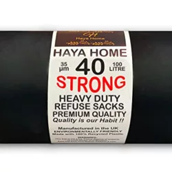 the-best-black-bin-bags Haya Home 100L 40 Strong Black Plastic Bin Bags Heavy Duty Bin Liners, Refuse Sacks Pack of 40 X 1 Heavy Duty Waste Dustbin Bags roll for Kitchen Home Office DIY Garden 100% Recycled Material