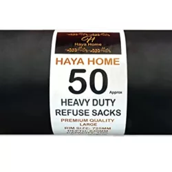 the-best-black-bin-bags Haya Home 50 Black Plastic Bin Bags Heavy Duty Bin Liners, Refuse Sacks Pack of 50 X 1 Heavy Duty Waste Dustbin Bags roll 100L for Kitchen Home Office DIY Garden Made from 100% Recycled Material
