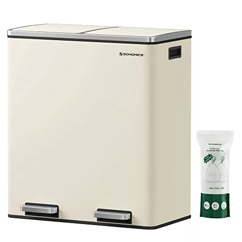 cream-kitchen-bins SONGMICS - 2 x 30L Double Compartment Bin with 2 B
