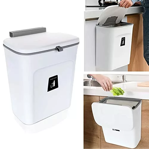 kitchen-cupboard-bins Hanging Trash Can with Sliding Cover, 9L Built-in