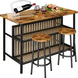best-bar-table-and-stools-sets HOOSENG 3 Piece Bar Table Set, Industrial Counter Height Kitchen Table Set with Storage Shelves, Modern Dining Room Table Set for Kitchen, Living Room, Breakfast, Restarant - Industrial Brown, 47"