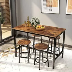 best-bar-table-and-stools-sets HOOSENG 3 Piece Bar Table Set, Industrial Counter Height Kitchen Table Set with Storage Shelves, Modern Dining Room Table Set for Kitchen, Living Room, Breakfast, Restarant - Industrial Brown, 47"