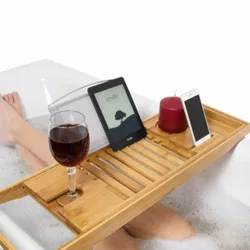 best-bath-trays-caddies Unibos Bamboo Wood Bath Tub Rack Bathroom Shelf Tidy Tray Storage Caddy Organiser (Grey)