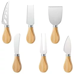 best-cheese-knives kuou 4Pcs Cheese Knife Set, Stainless Steel Cheese Knives Cheese Fork Cheese Shovel with Oak Handle for Parties and Picnics