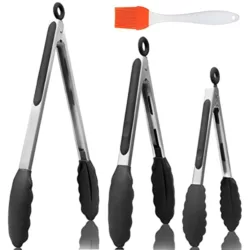 best-cooking-tongs HENSHOW Kitchen Tongs Set of 3, 7”,9” and 12” Premium Stainless Steel Cooking Tongs, Non Stick and Heat Resistant Handle, Silicone Tongs for Cooking, Serving, Barbecue, Buffet, Salad, Ice, Oven