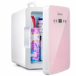 best-mini-fridge Russell Hobbs RH4CLR1001SCW 4L/6 Can Mini Portable Cooler & Warmer for Drinks, Cosmetics/Makeup/Skincare, AC/DC Power, Scandi Style, White & Wood Effect, For Bedroom, Home, Caravan, Car