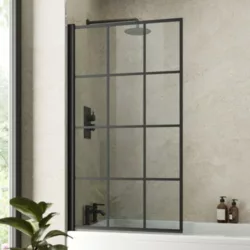 best-shower-screens ELEGANT 900mm Black Walkin Shower Screen 8mm Safety Shower Glass Door for Bath WetRoom Reversible Shower Glass Panel Matte Black Grid Walkin Shower Enclosure Cubicle