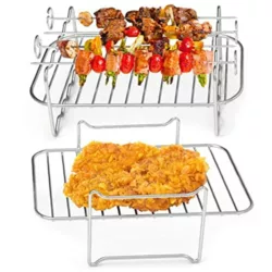 the-best-air-fryer-rack 2Pcs Air Fryer Rack with 4 Barbecue Sticks for Double Basket Air Fryers 304 Stainless Steel Grilling Rack Air Fryer Accessories Double Layer Rack (A)
