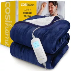 the-best-heated-throw-blankets Cosi Home® Heated Throw - Electric Blanket - Extra Large Heated Blanket, Machine Washable Fleece with Digital Remote, Timer and 9 Heat Settings (Navy & Cream)