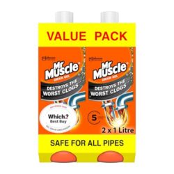 best-drain-unblockers Mr Muscle Drain Unblocker, Sink & Drain Cleaner, Fast Acting Heavy Duty Gel Formula, Dissolves Clogs, Works 3x Better Than Bleach, Safe for All Pipes, Duo Pack, (2 x 1L)